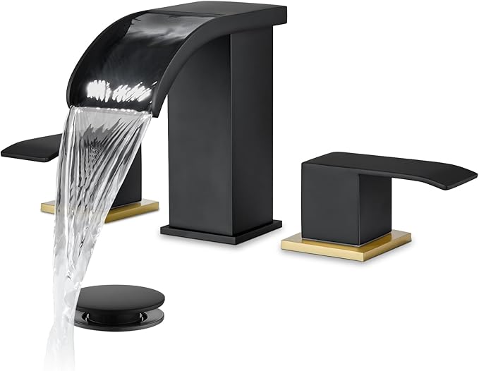 gotonovo Waterfall 8 inch Widespread Bathroom Faucet Set Bathroom Sink Faucet 3 Hole 2 Handle Vanity Lavatory Deck Mount with Pop Up Drain and Water Supply Lines Square Body Matte Black & Brushed Gold