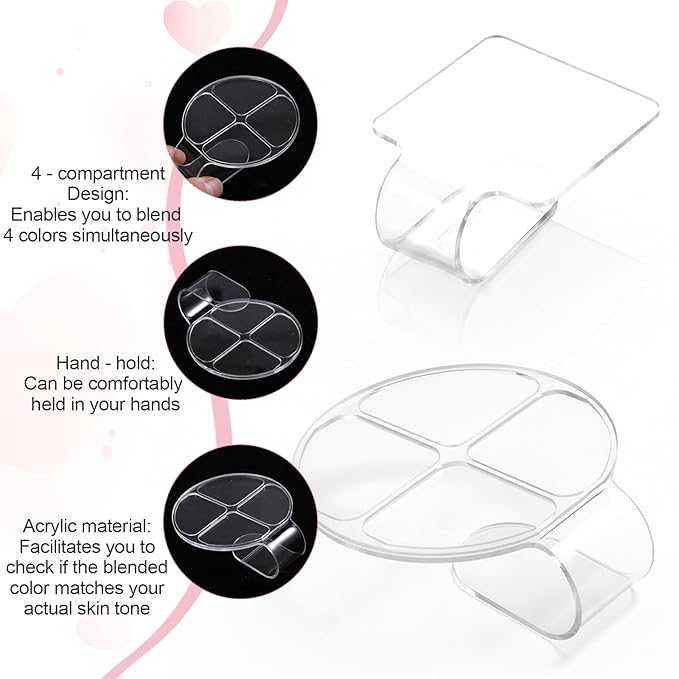 2 Pcs Handheld Acrylic Makeup Palette Clear Foundation Mixing Palette Nail Art Manicure Tray Eyeshadow Hand Cosmetic Makeup Hand Palettes for Beauty Salon Color Cream Mixing Foundation Blending