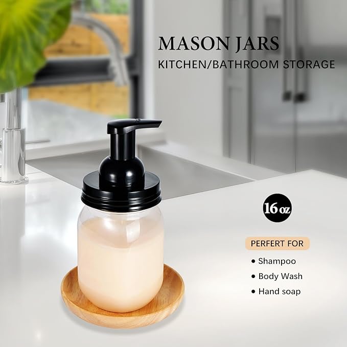 Amolliar Plastic Mason Jar Foaming Soap Dispenser with Pump Lid,16OZ Refillable Hand Soap Dispenser Set with Cute Lables - Farmhouse Decor for Kitchen/Bathroom, Lotion Liquid Dish Soap (4 Pack, Black)