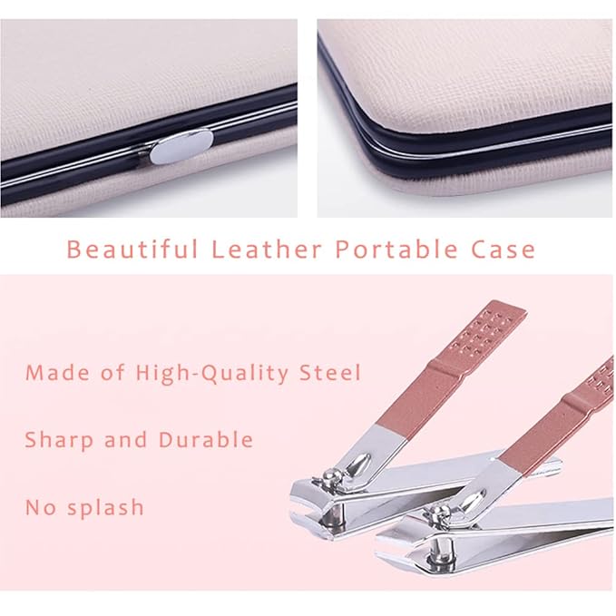 Pink Manicure Set Beauty Tool Portable - Nail Clipper Pedicure Grooming Kit Stainless Steel 7 in 1 Luxury Leather Travel Case, for Woman Girl Home Travel Gift Giving