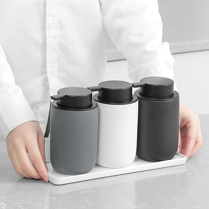 Hand Soap Dispenser for Bathroom Decro, Ceramic Liquid Pump Bottles Refillable Dish Dispenser for Kitchen Farmhouse Colleage Dorm, Matte Grey 2 Pack