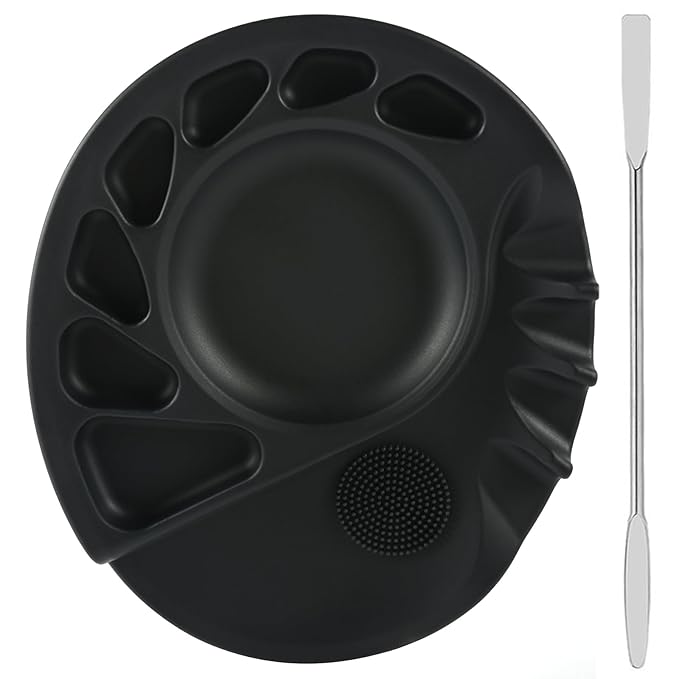 Makeup Mixing Palette, 5-in-1 Multifunction Upgraded Silicone Mixing Tray with Spatula Artist Tool for Nail-Art, Eye Shadow, Lipstick, Eyelash Makeup Foundation Mixing Palette 5.7x4.8 Inches Black
