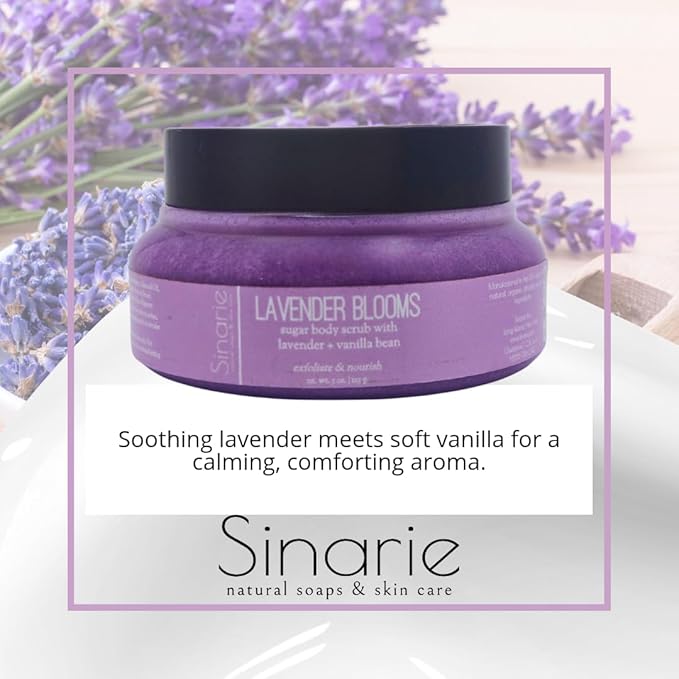 Exfoliating Sugar Scrub for Body – Hydrating Moisturizing Body Polish with Natural Oils – Gentle Spa Skincare for Smooth, Glowing Skin (5 oz., Lavender Blooms (Lavender & Vanilla))