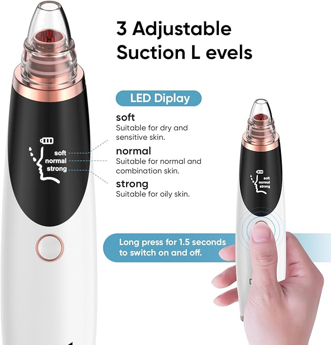 Blackhead Remover Pore Vacuum for Face & Nose – Deep Cleansing Blackhead Remover Tools with 3 Suction Levels, 5 Replaceable Tips, USB Rechargeable Pore Cleaner