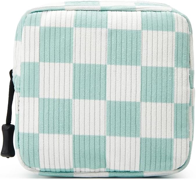 Small Makeup Bag for Purse,Mini Cosmetics Bag cute Zipper corduroy Cosmetic Pouch Storage Pouch Travel Toiletry Organizer for Women Girls(Checkered Green)