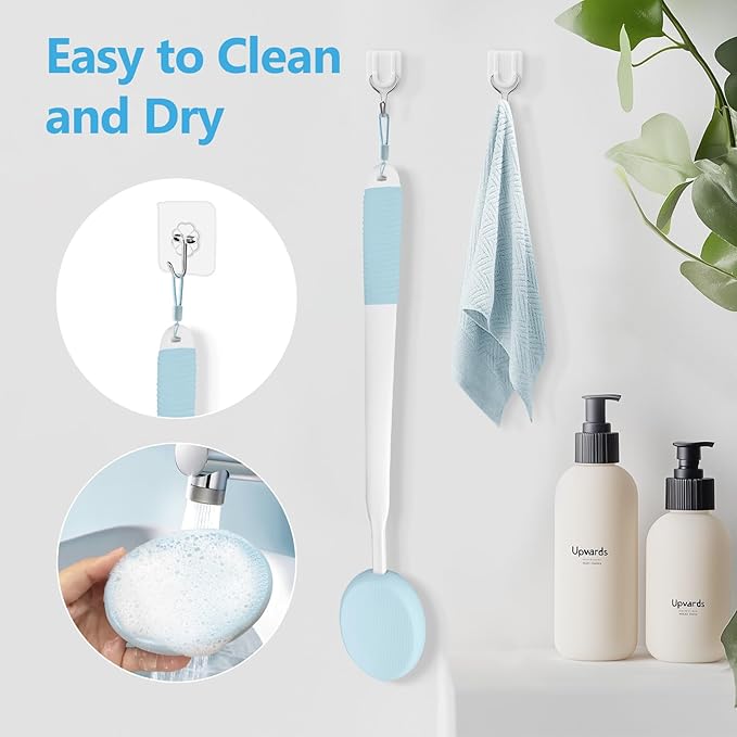 19" Long White Handle Back Lotion Applicator with Blue Non-Slip Grip & 3 Washable Blue Pads, Suitable for Sunscreen, Tanning & Moisturizers, for All Ages