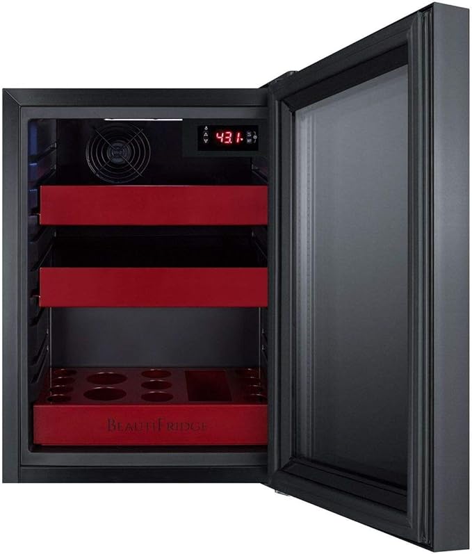 Summit Appliance LX114LRT1 BeautiFridge Compact Cosmetics Cooler with Mirror-Tinted Glass Door, Black; Digital Thermostat, Automatic Defrost, Factory Installed Lock, Bottle Shelf, Adjustable Shelves