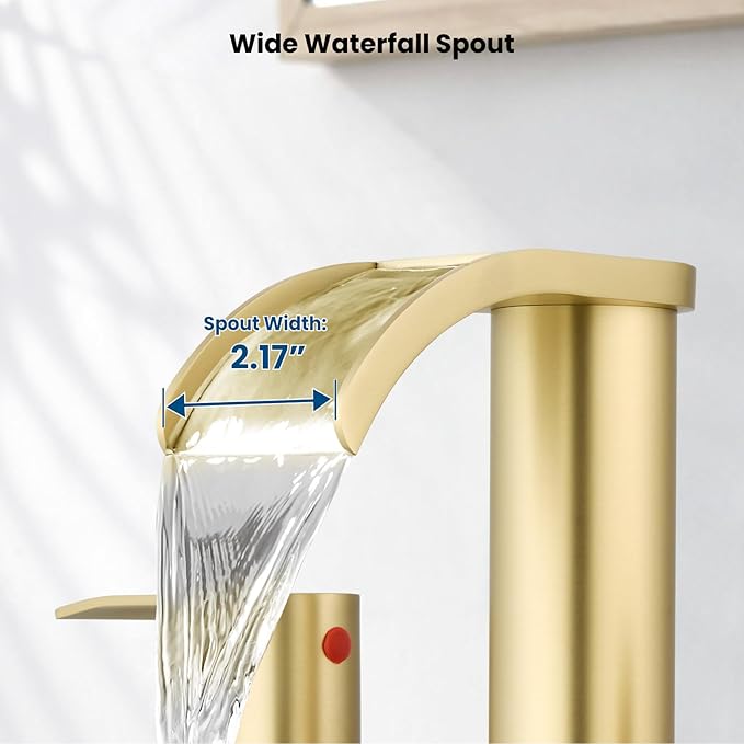 gotonovo Waterfall 8 inch Widespread Bathroom Faucet Set Bathroom Sink Faucet 3 Hole 2 Handle Vanity Lavatory Deck Mount with Pop Up Drain and Water Supply Lines Round Body Brushed Gold