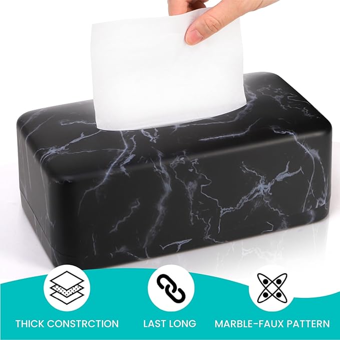 Tissue Box Holder, Rectangular Napkin Dispenser Box Cover, Black Faux Marble Facial Dryer Sheet Towel Organizer Case for Bathroom, Bedroom, Restaurant, Cars