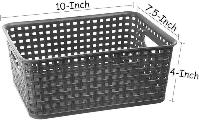 Grey Plastic Woven Storage Basket, 6-Pack Weave Gray Basket Organizer for Kitchen Office Bathroom
