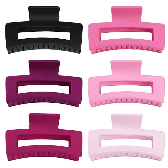 3.5 Inch Medium Hair Claw Clips 6 Pack Hair Clips for Women Square Rectangle Claw for Hair Banana Jaw Clips Hair Accessories for Girls (Pink Purple)