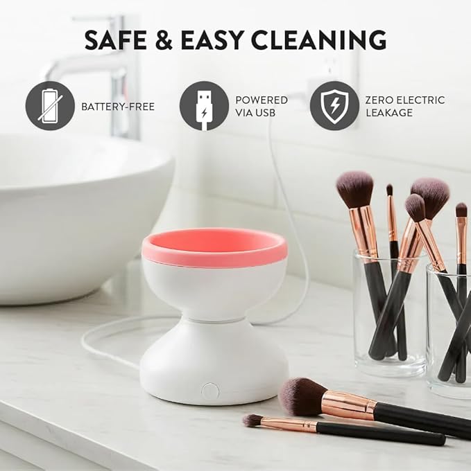 ÉCLAT Electric Makeup Brush Cleaner Machine, Remove Residue on Brush, Sponge, Powder Puffs, Cosmetic Tool Cleaner, No Batteries Needed, Portable Spinning Washer Saves Cleanser Solution (White/Pink)