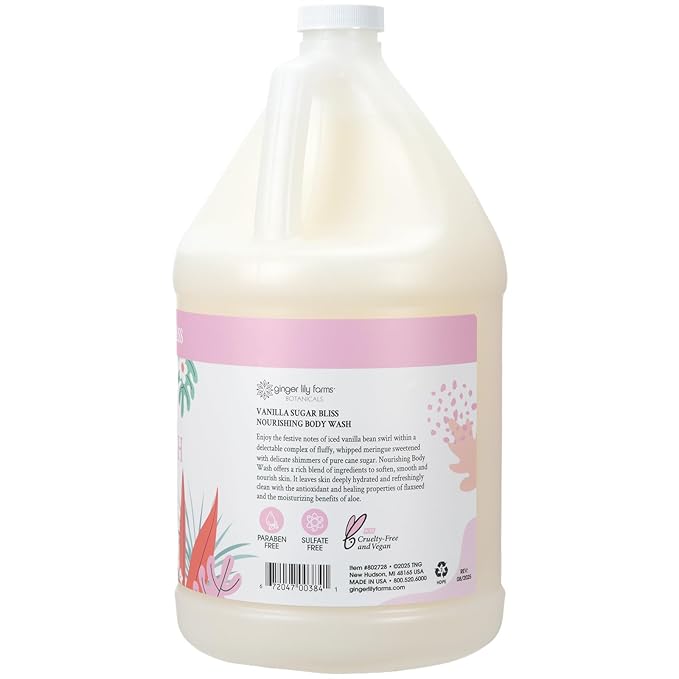 Ginger Lily Farms Botanicals Nourishing Body Wash, 100% Vegan & Cruelty-Free, Vanilla Sugar Bliss Scent, 1 Gallon (128 fl oz) Refill