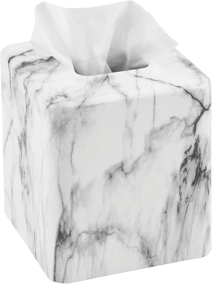 mDesign Metal Square Tissue Box Cover, Modern Facial Paper Holder - Accessories for Bathroom Vanity Countertop, Bedroom Dresser, Night Stand, Desk, Office and End Table - Unity Collection - Marble