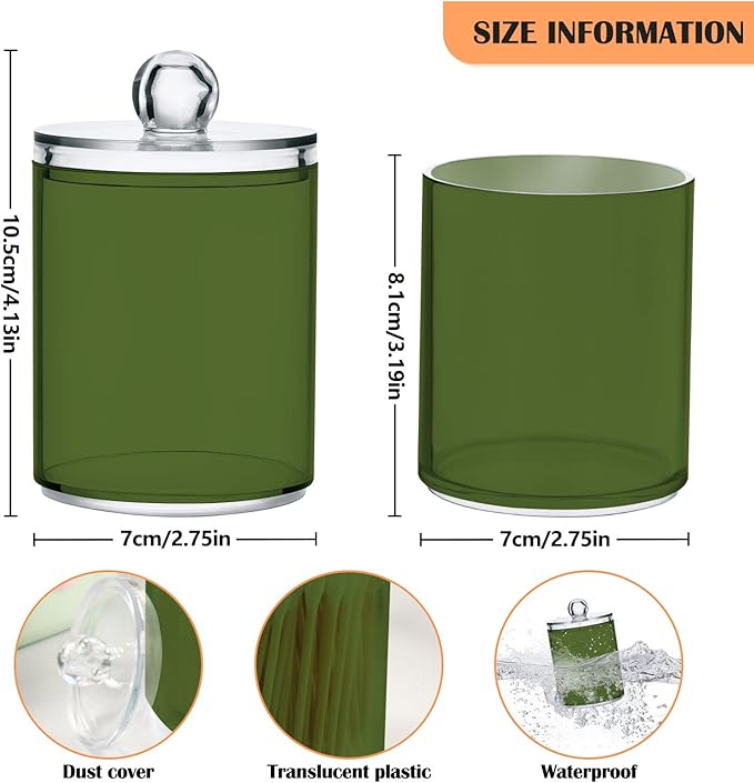Dark Olive Green Qtip Holder Organizer Dispenser Cotton Swabs Cans Plastic Jars with Lid Set 4 Pack Bathroom Storage Canister for Cotton Ball Floss Cotton Pads