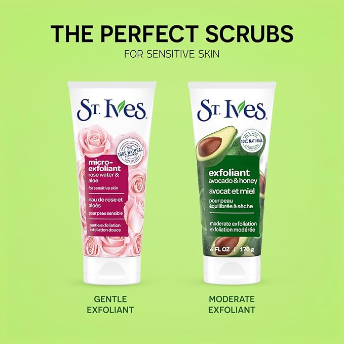 St. Ives Face Scrub, Exfoliant Variety 2-Pack – Avocado & Honey + Rose Water & Aloe Vera Microexfoliant for Balanced, Dry & Sensitive Skin