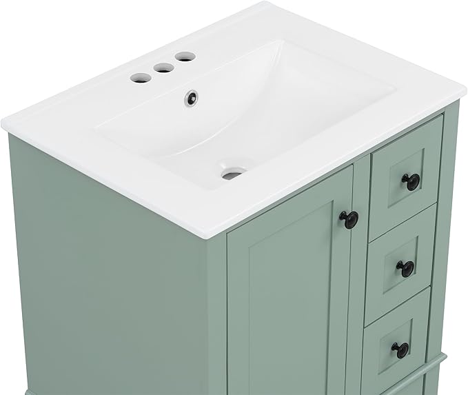 Bellemave 24" Bathroom Vanity with Sink Combo Set, Solid Wood Frame Bathroom Storage Cabinet with 3 Drawers, Soft Closing Cabinet Door with Organizer, Light Green