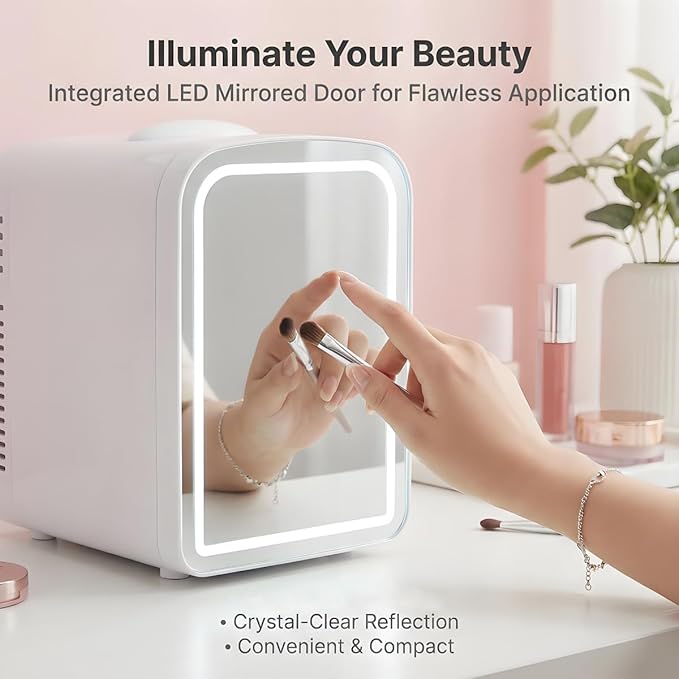 Lispin 4L Mini Skincare Fridge with Dimmable LED Mirror, Portable Beauty Refrigerator for Makeup, Cosmetic, Personal Small Refrigerator with Cooler and Warmer for Bedroom, Office and Car (White-4L)