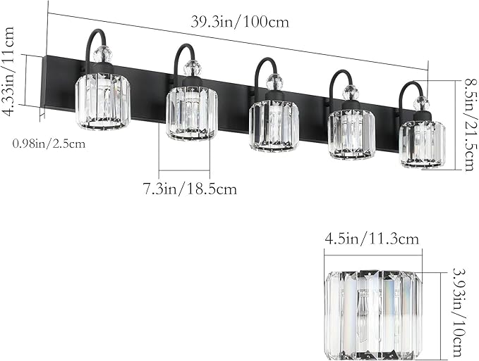 Ralbay Modern Crystal Black 5-Light Bathroom Vanity Light, Matte Black Crystal Bath Wall Light Fixtures