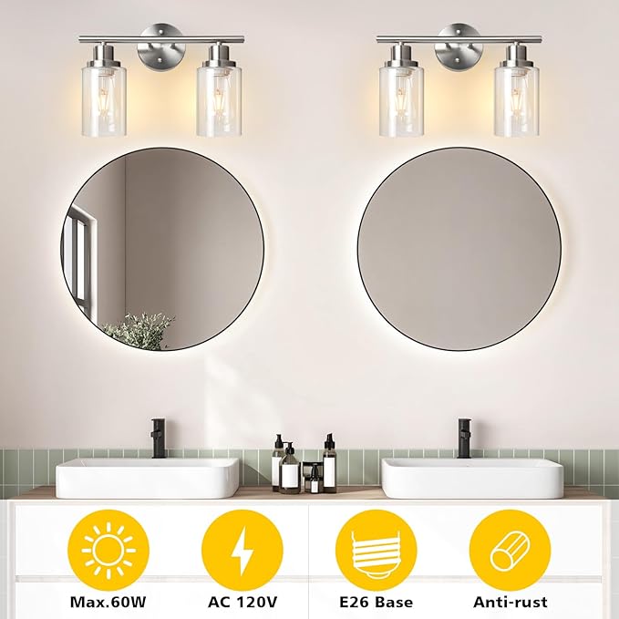 Unicozin 2 Light Vanity Lights, Brushed Nickel Wall Sconce Light with Clear Glass, Bathroom Light Fixtures, Wall Lights for Mirror, Living Room, Bedroom, Hallway, E26 Base (Bulbs Not Included)