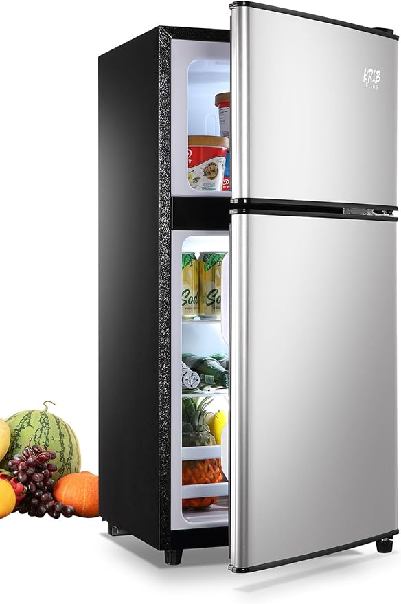 Mini Fridge With Freezer,3.5 Cu. Ft Compact Refrigerator With 2 Doors,7- Level Adjustable Thermostat, Removable Glass Shelves For Bedroom, Office, Kitchen, Apartment, Dorm, Silver