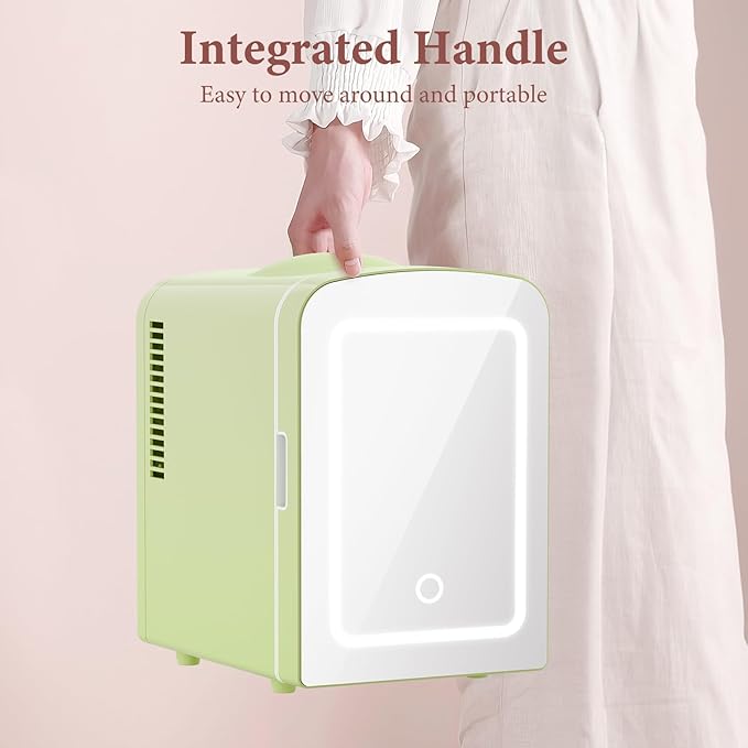 Xbeauty Skincare Mini Fridge With Dimmable LED Mirror, 4L Mini Makeup Refrigerator for SkinCare, Cosmetics, Food & Drinks, Portable Small Refrigerator for Bedroom, Dorm, Car, Office, Green
