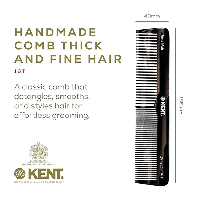 Kent 16T-16TG Fine Tooth and Wide Tooth Comb for Daily Grooming, Handmade Styling Comb for All Hair Types, Styling and Detangling Combs for Men and Women