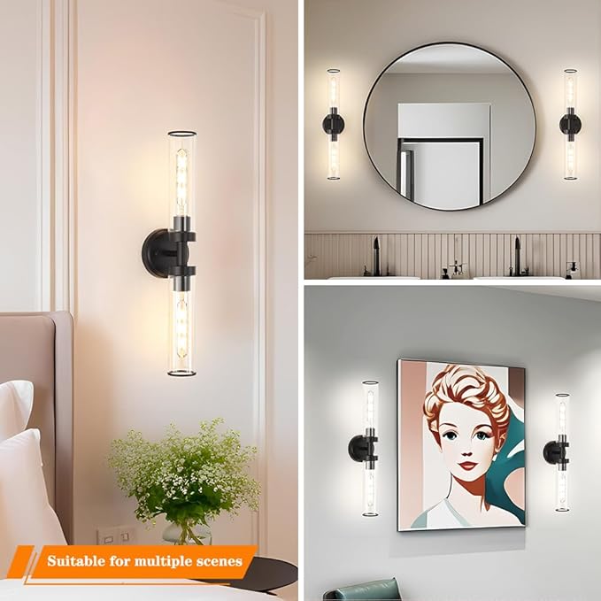 Matte Black Wall Sconces Set of 2, Modern Bathroom Vanity Lights for Mirror, Hardwired Glass Wall Light Fixtures with E26 Base (Bulbs Required) for Bathroom, Bedroom, Hallway, 22.05 Inch