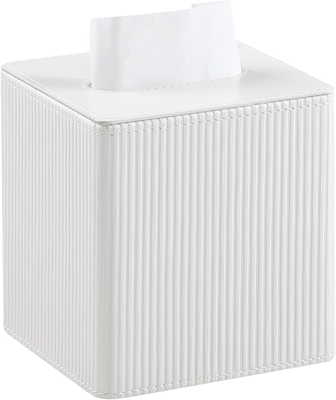Tissue Box Cover Square with Magnetic Closure, PU Leather Tissue Box Holder for Bathroom NightStands Livingroom, Decorative Modern Square Tissue Holder (Ivory)