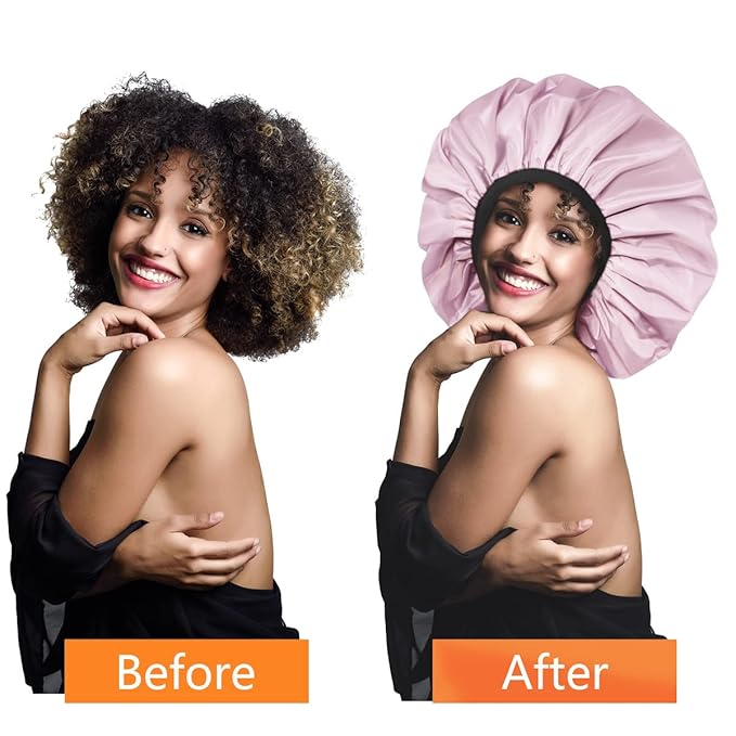 Auban Extra Large Shower Cap, Double-Layer Waterproof Reusable, XL Satin Lining Shower Bonnet for Women Thick, Long Hair, Locs, Braids(Pink)