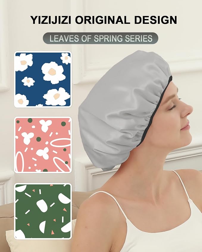 YIZIJIZI Triple Layer Reusable Waterproof Shower Cap for Women Large Terry Lined Hair Cap for Long Thick Hair Travel Bath Care Grey
