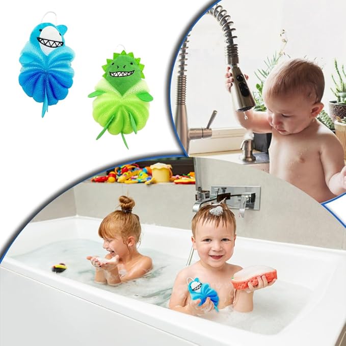 Bath Loofahs,Ttdesefu Kids Toddler Body Sponge Cute Cartoon Kids Loofah,Bath Sponge Shower Puff Soft Loofah Sponge Pouf Exfoliating Mesh Shower Ball (Animal，2 Pcs) (Green,Blue)