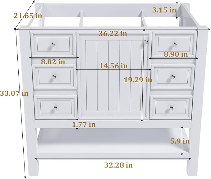 Montary 36" Bathroom Vanity Without Sink, Modern Stylish White Bathroom Storage Cabinet MDF, Freestanding Vanity with One Cabinet and Three Drawers, White (NOT Include Sink)