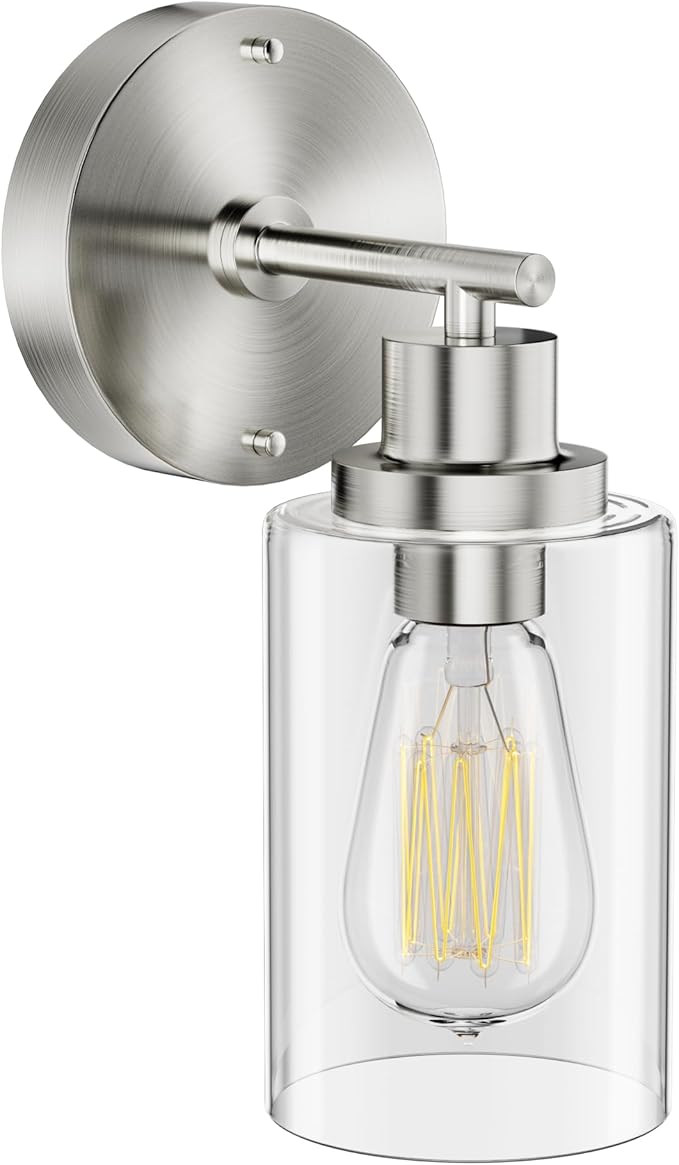 GORDNWE 1-Light Bathroom Wall Sconce, Brushed Nickel Vanity Light, Modern Wall Light Fixture with Clear Glass Shade and E26 Bulb Base, Wall Lamp Wall Mount Light Fixtures for Mirror, Bedroom, Hallway