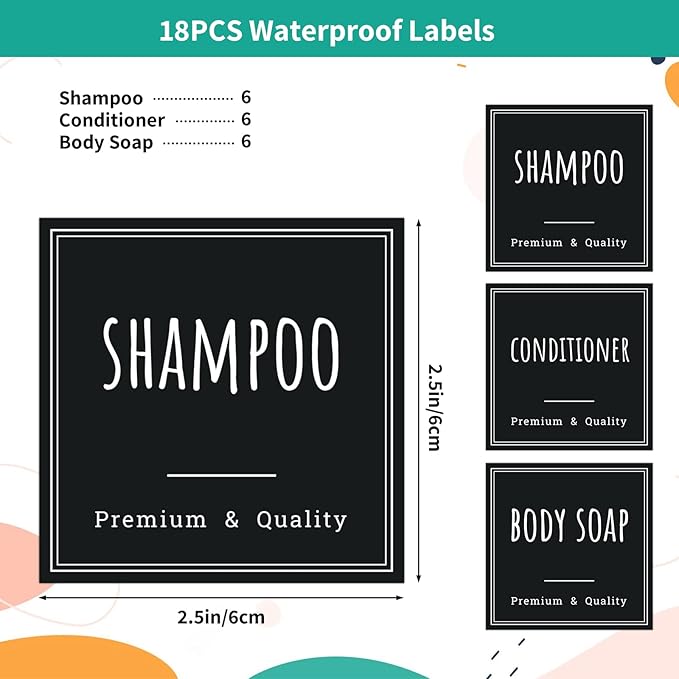 Segbeauty Soap Dispenser Labels, 18pcs Bathroom Waterproof Labels for Bottles, Black Removable Self-Adhesive Cleaning Bottle Label Stickers Printed with Shampoo Conditioner Body Soap