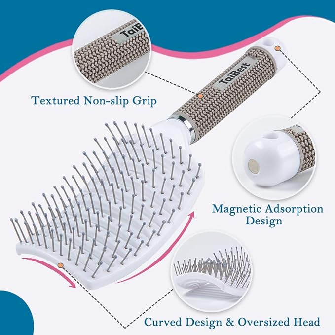 Boar Bristle Hair Brush Set - Dry/Wet Hair Brushes Detangler for Fine, Thick, Curly Hair - Curved and Vented Hair Brush for Women, Men or Kids