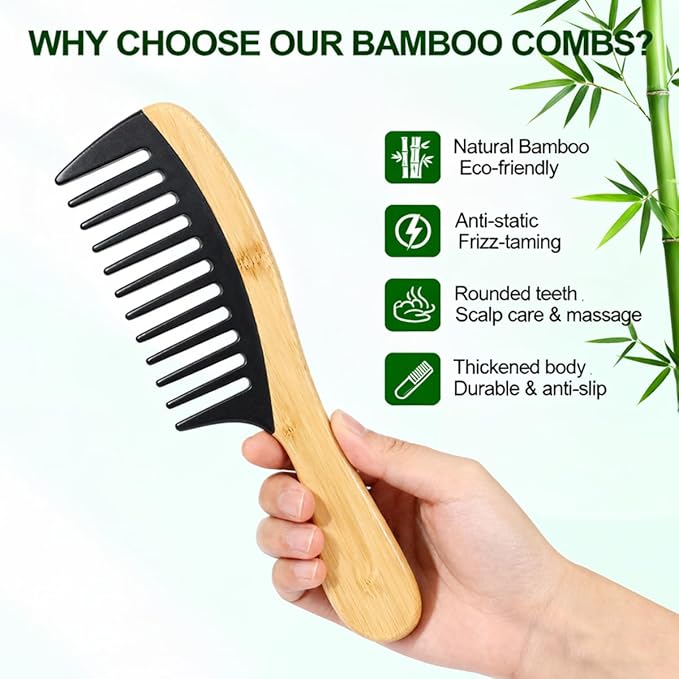 2PCS Natural Handmade Bamboo Hair Combs for Women Men, Anti-Static for All Hairstyles & Beard