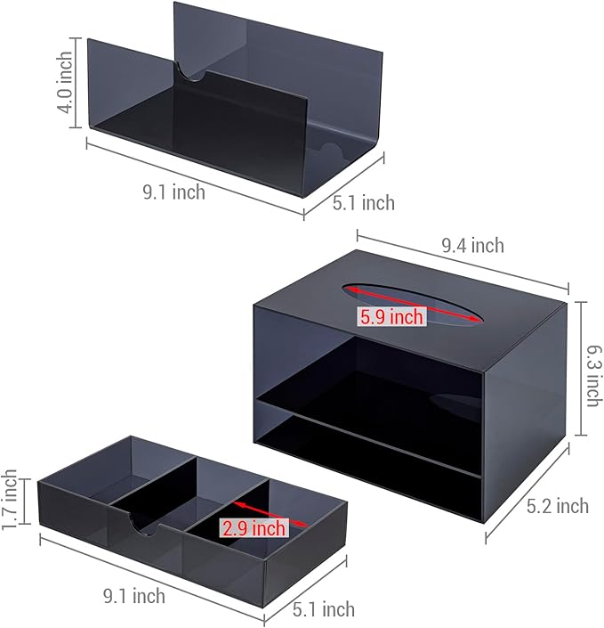 MyGift Premium Black Acrylic Cosmetic Organizer Caddy and Tissue Box Cover with Pull Out Makeup Storage Drawer - Countertop Bathroom Supplies Holder