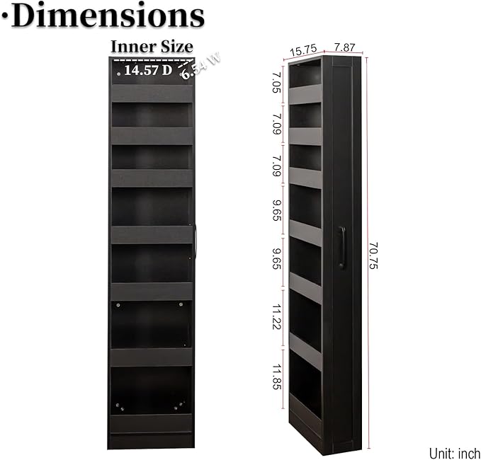 JOYSOURCE Tall Narrow Pull-Out Storage Shelf with Wheels 7-Tier Slim Rolling Storage Spice Rack Next to Fridge Utility Cart Single-Sided for Small Spaces, Kitchen, Laundry Room, Black