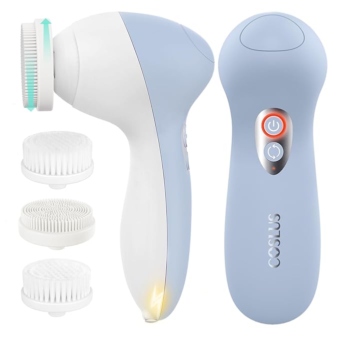 COSLUS FBX04 Powered Facial Cleansing Brush: Rechargeable Electric Face Cleanser for Sensitive & Acne-Prone Skin, 3 Brush Heads, 3 Speeds, 2-Direction Rotation, for Men Women IPX7, Deep Cleaning Blue