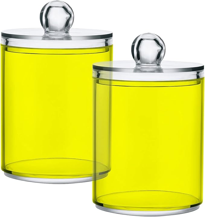 Yellow Qtip Holder Organizer Dispenser Cotton Swabs Cans Plastic Jars with Lid Set 4 Pack Bathroom Storage Canister for Cotton Ball Floss Cotton Pads