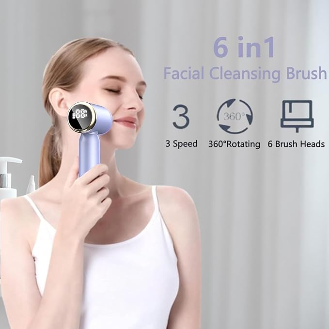 6-in-1 Facial Cleansing Brush Electric Face Scrubber – 3-Speed Waterproof Spin Brush with 6 Replacement Heads, Rechargeable Deep Pore Cleanser for Dry, Oily & Sensitive Skin (Purple)