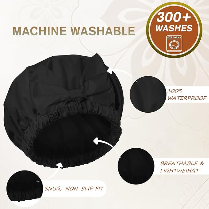 Reusable Shower Cap for Women with Stylish Bow, Non-Slip Waterproof Anti Humidity Bathing Cap, Roomy Anti Frizz for Short Medium Straight Wavy Hair, Soft Elastic & Machine Washable, Black