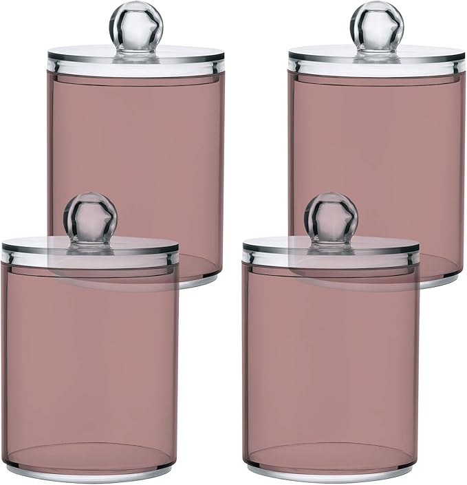 Rosy Brown Qtip Holder Organizer Dispenser Cotton Swabs Cans Plastic Jars with Lid Set 4 Pack Bathroom Storage Canister for Cotton Ball Floss Cotton Pads