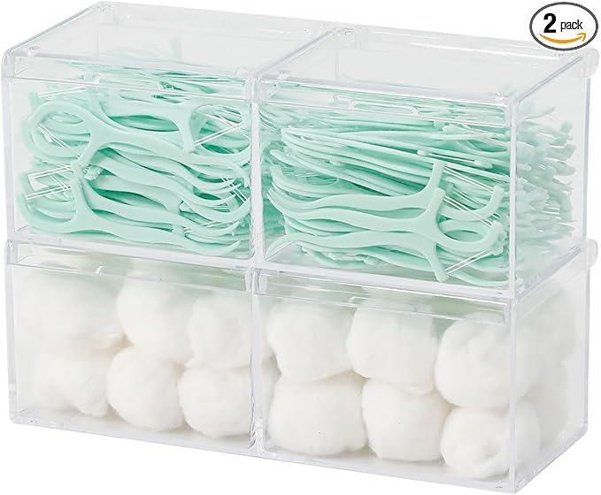 2 Pack Bathroom Container with Divider, Plastic Vanity Storage Canister Jars with Lid for Cotton Balls, Makeup Pads, Cosmetics Sponges, Floss Picks, Clear Desk Drawer Organizer Box