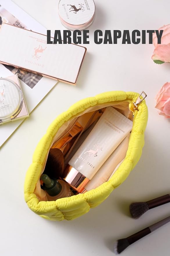 Puffy Quilted Makeup Bag, Cosmetic Bag, Travel Toiletry Organizer Pouch, Clutch for Women (Yellow)