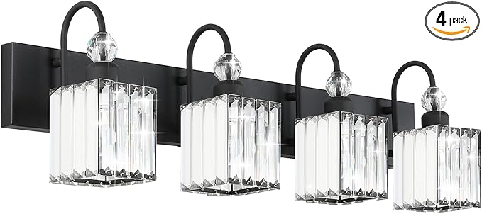 Ralbay Matte Black Crystal Vanity Light 4 Light Modern Crystal Bathroom Lighting Fixtures Over Mirror, Crystal Black Bathroom Vanity Light