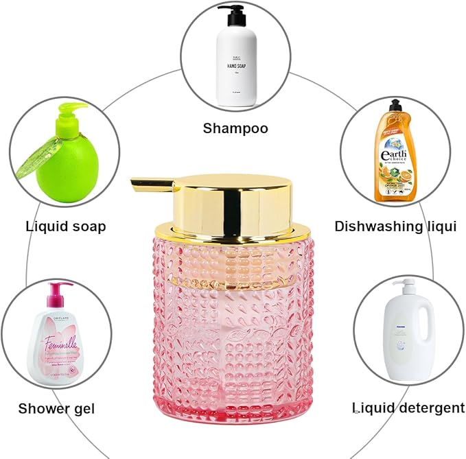 Glass Foaming Soap Dispenser,10oz Refillable Bathroom Foam Hand Soap Dispenser for Bathroom Countertop Kitchen (1, Pink)