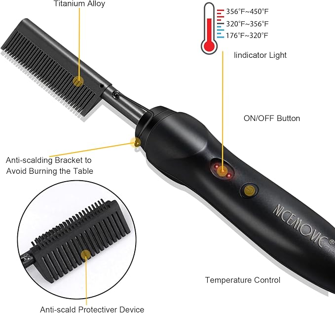 NICEMOVIC Ceramic Heating Hair Straightener Comb - Hot Pressing Brush for Natural Black Hair, Beard Wigs, and Curling (Black)