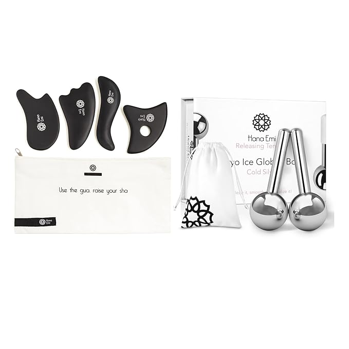 Facial Rejuvenation Set: Silver Ice Globes and Gua Sha Tool for Face and Body - 2-Piece Cryo Globes for Cooling Facial Massage and 4-Piece Bian Stone Gua Sha Tool for Skincare Routines